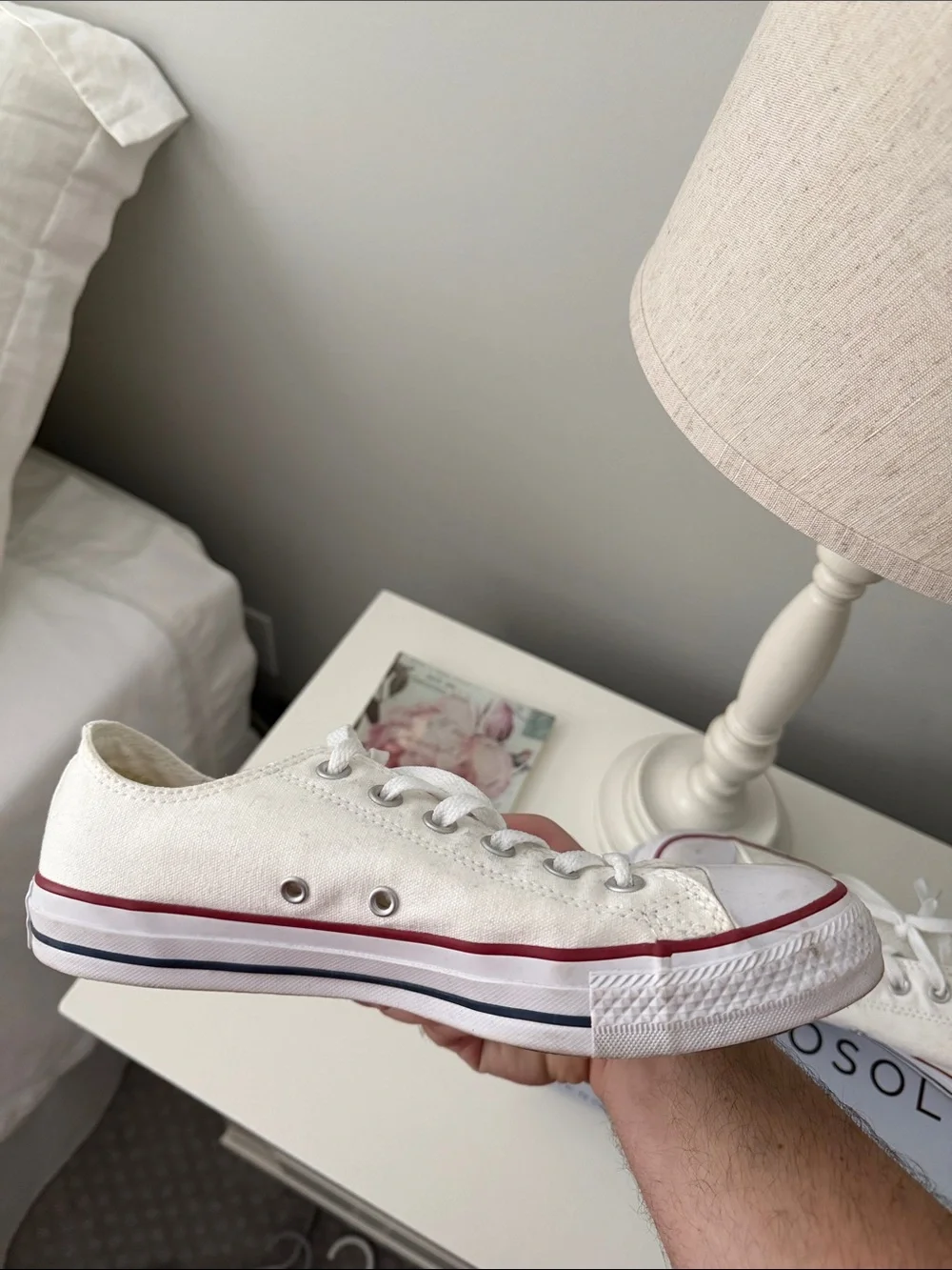 Converse White Canvas Low-Top Sneakers with Red Heel Stripe - Picture 6 of 10
